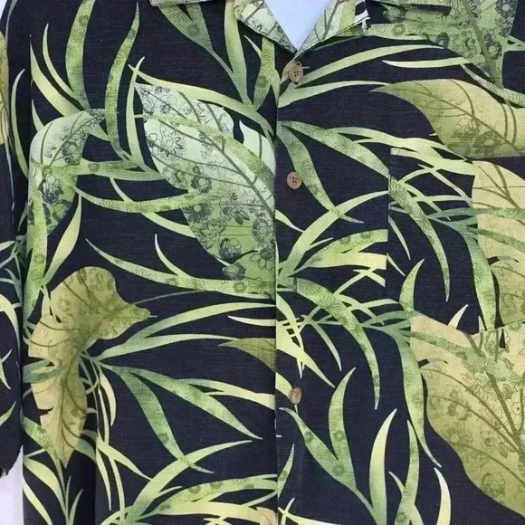 Three Palm Brand XXL 100% Silk black/green leaves button down - Picture 2 of 11